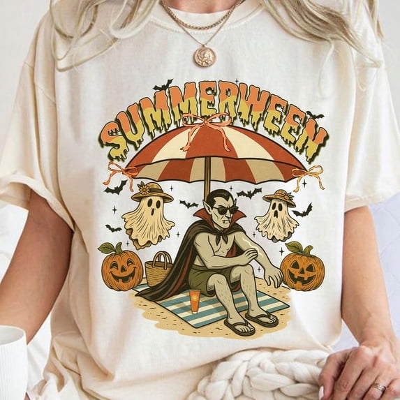 Summerween T-Shirt, Funny Halloween Summer Tee, Vintage Horror Character Shirt, Spooky Beach Graphic Tee, Halloween Shirt for Adults