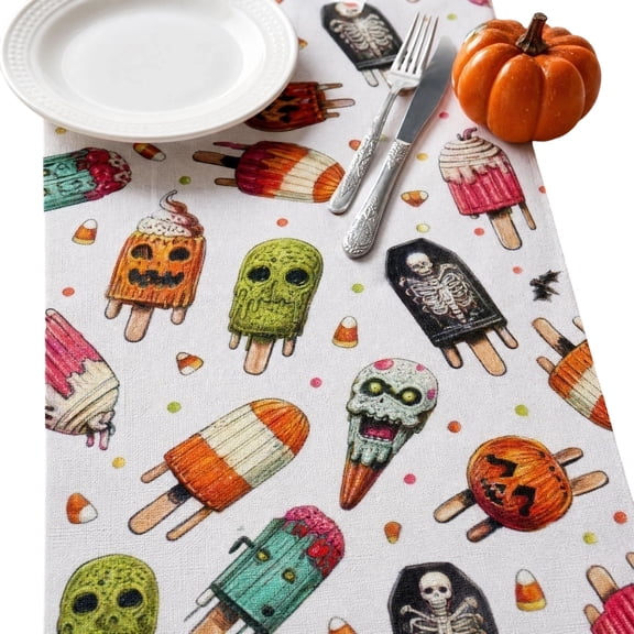 Summerween Table Runner, Creepy Sweet Treat Print Runner, Skull Popsicle Ice Cream Decor for Summerween Party, Dining Room and Kitchen Table Arrangement