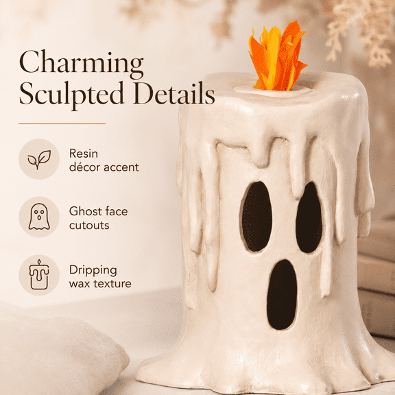 Summerween Tall Flam'in Candle Luminary Spooky Ghost Face Resin Candle Decoration with Hollow Bottom for Soft Glow Seasonal Shelf Decor