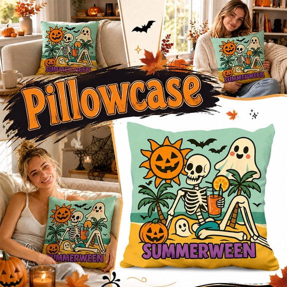 Summerween Throw Pillow, 18X18 Inch Skeleton Pillow, Funny Halloween Decor, Halloween Skeleton Decorations, Decorative Flannel Print Cushion with Pillow Insert for Bedroom, Couch,