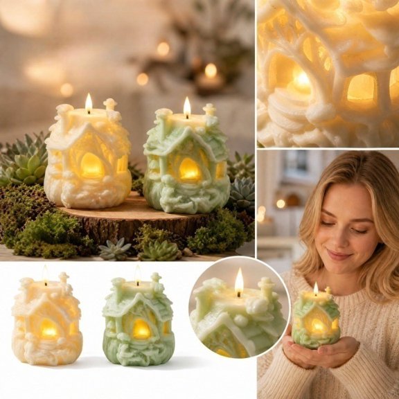 Summerween Tree House Statue, LED Candle Light Cottage Figurine, Detailed Resin Carving Hollow Windows, For Cottagecore Party Home Decoration, Creamy Light, 1 Piece