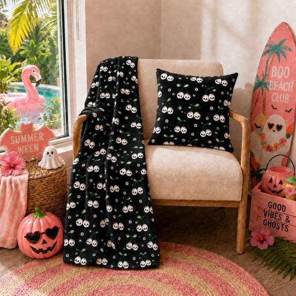 Summerween Plush Throw, 50"x60", Skull Cherries