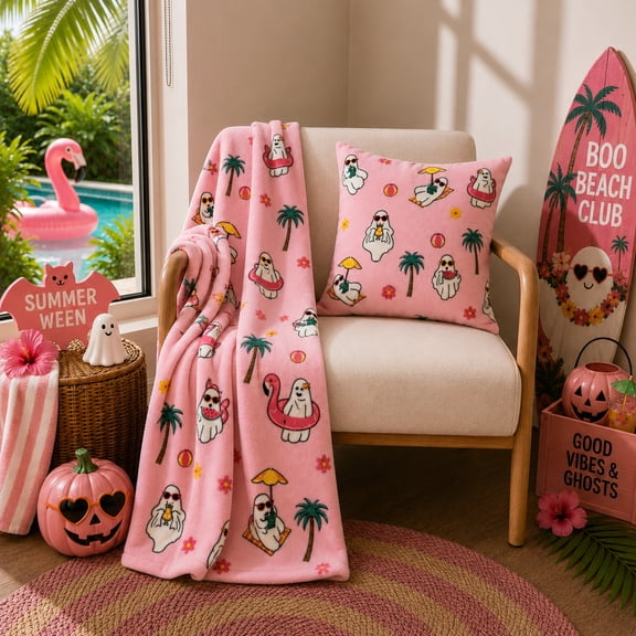 Summerween Oversize Super Soft Plush Throw Blankets, Summer Patio Pool Halloween Throws, VACATION GHOSTS