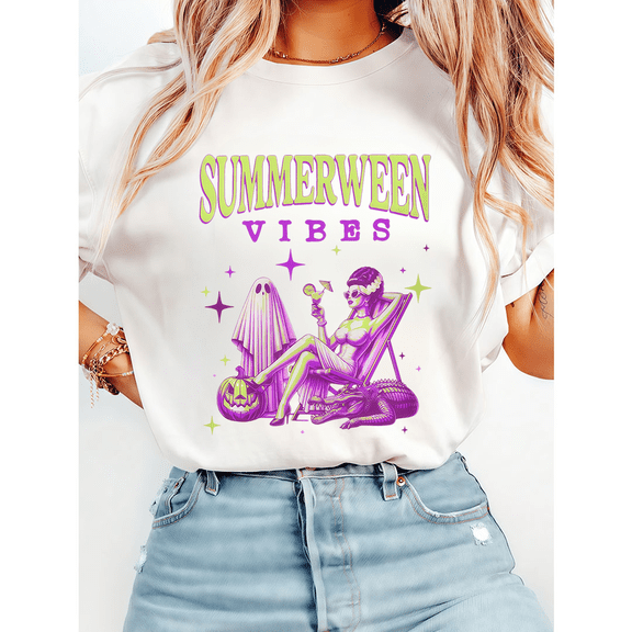 Summerween Vibes Classic Tops Skeleton Halloween Summer Print T-shirts Ghost Pumpkins Graphic Tees Short Sleeve Casual Shirts trendy and popular round-neck design is retro White,S