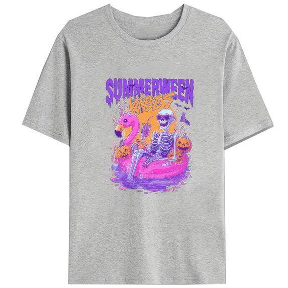 Summerween Vibes Print T-shirts Skeleton Float Halloween Graphic Tees Short Sleeve Casual Spooky Flamingo Pool Ghost Pumpkins Classic Tops Gray,M