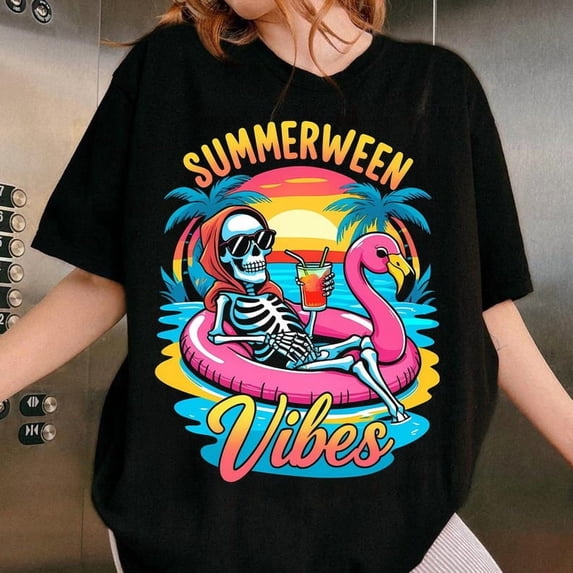 Summerween Vibes Shirt, Flamingo Spooky Halloween Summer T-shirt, Spooky Summer Shirt, Vacation Shirt, Retro summer Shirt, Beach Vibes TH070616