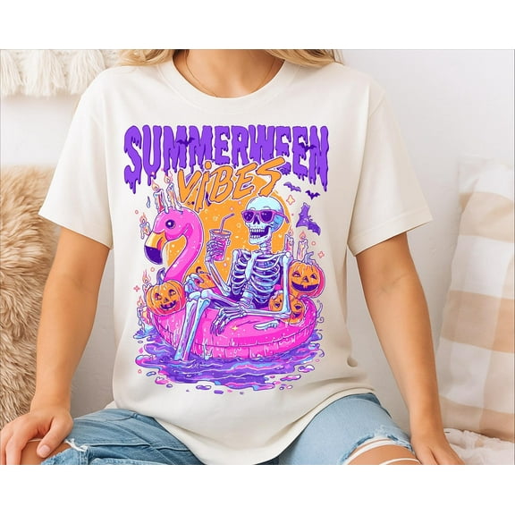 Summerween Vibes Shirt, Funny Skeleton Float Halloween in Summer Shirt, Trendy Shirt Spooky Flamingo Pool Ghost Pumpkins Creepy Shirt