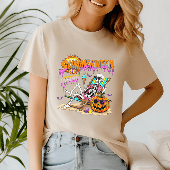 Summerween Vibes Skeleton Pumpkin Spooky Vacation, Summerween Shirt, Summer Halloween TShirt, Cute Spooky Ghost Tee, Halloween Shirt, Halloween Gift, Ghost Beach , Pumpkin Spooky Season