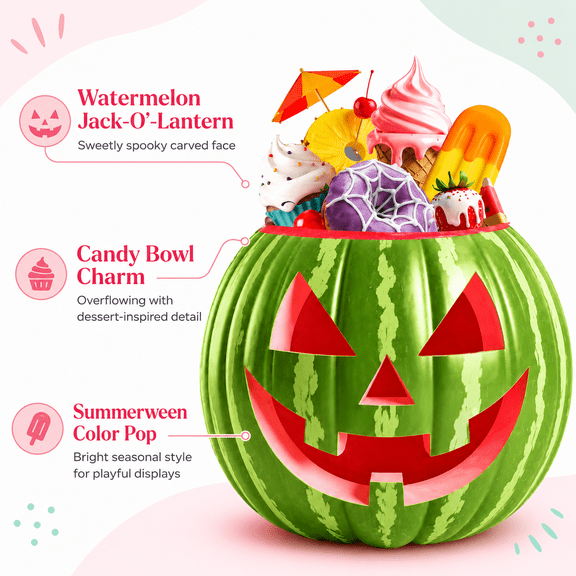 Summerween Watermelon Jack O Lantern Decor, Spooky Halloween Watermelon Candy Holder for Snacks, Sweets, Tabletop Party Decoration