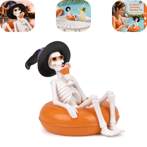 Summerween Wooden Skeleton Figurine, Witch Hat Orange Pool Float Skeleton Statue, Cocktail Sipping Skeleton Halloween Decor for Porch Yard Outdoor