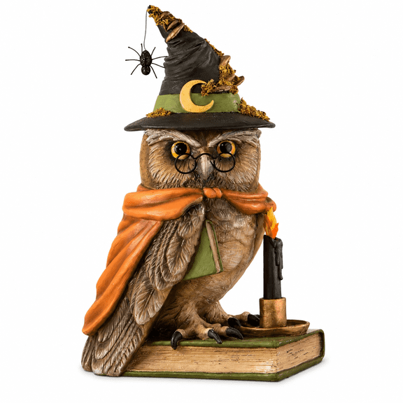 Summerween Woodsy Wizard Owl Halloween Tabletop Decor, Enchanted Owl Figure with Mushrooms, Faux Candle and Friendly Spider Accent