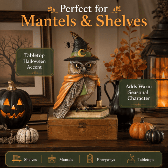 Summerween Woodsy Wizard Owl Spooky Woodland Decor, Halloween Owl Figurine on Book with Wizard Hat, Candle Flame and Mushroom Details