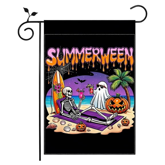 Summerween Yard Flag, Funny Spooky Skeleton Drinking Cocktail Flag with Palm Tree Surfboard for Tropical Halloween