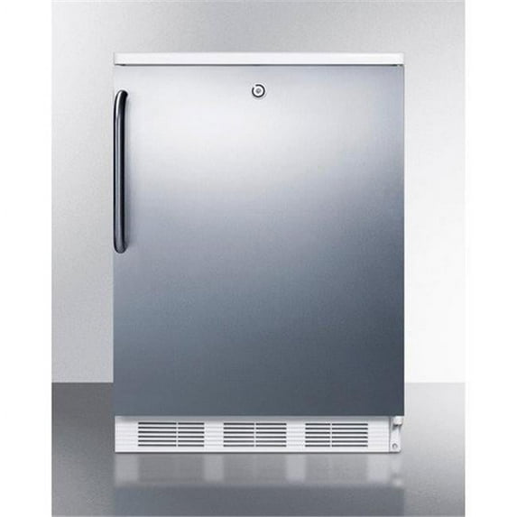 Commercially listed built-in undercounter all-refrigerator for general purpose use, auto defrost w/lock, SS door, towel bar handle, and white cabinet