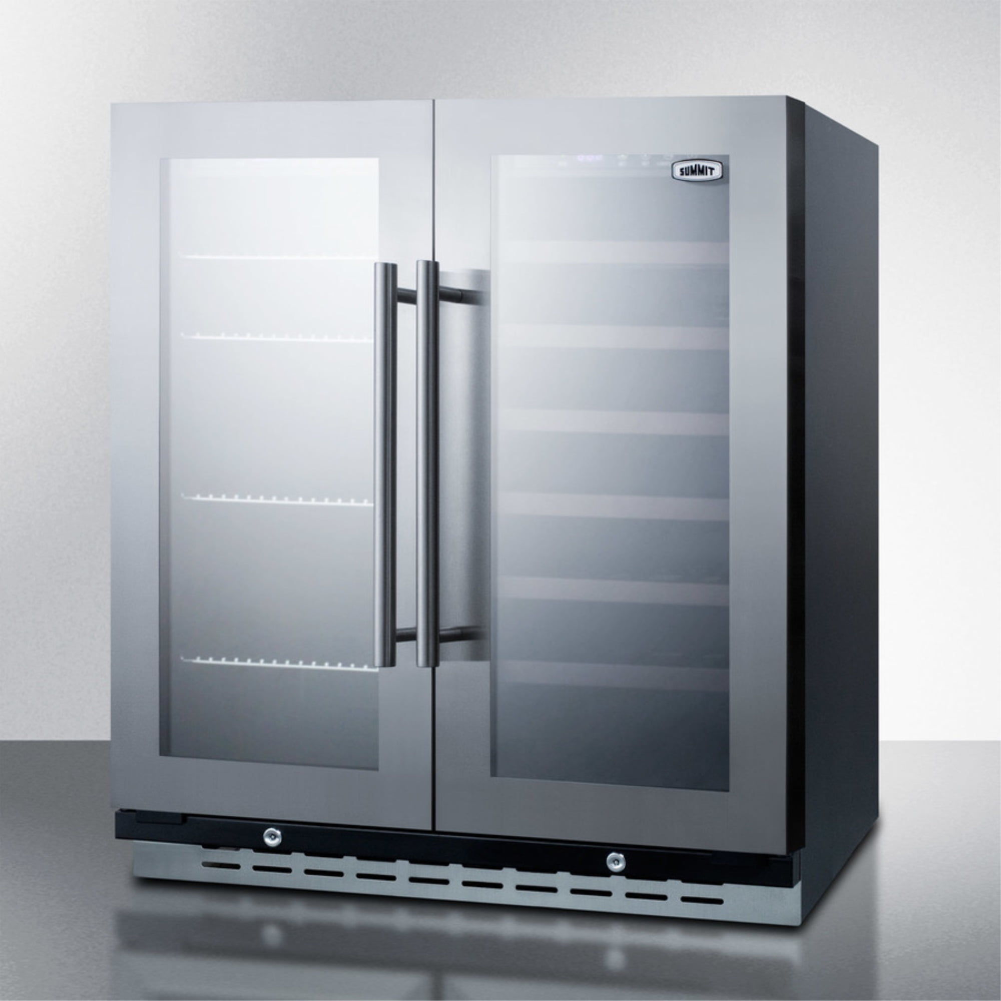 Elegant 33 Bottle Dual Zone Wine and Craft Beer Refrigerator with French Door Swing