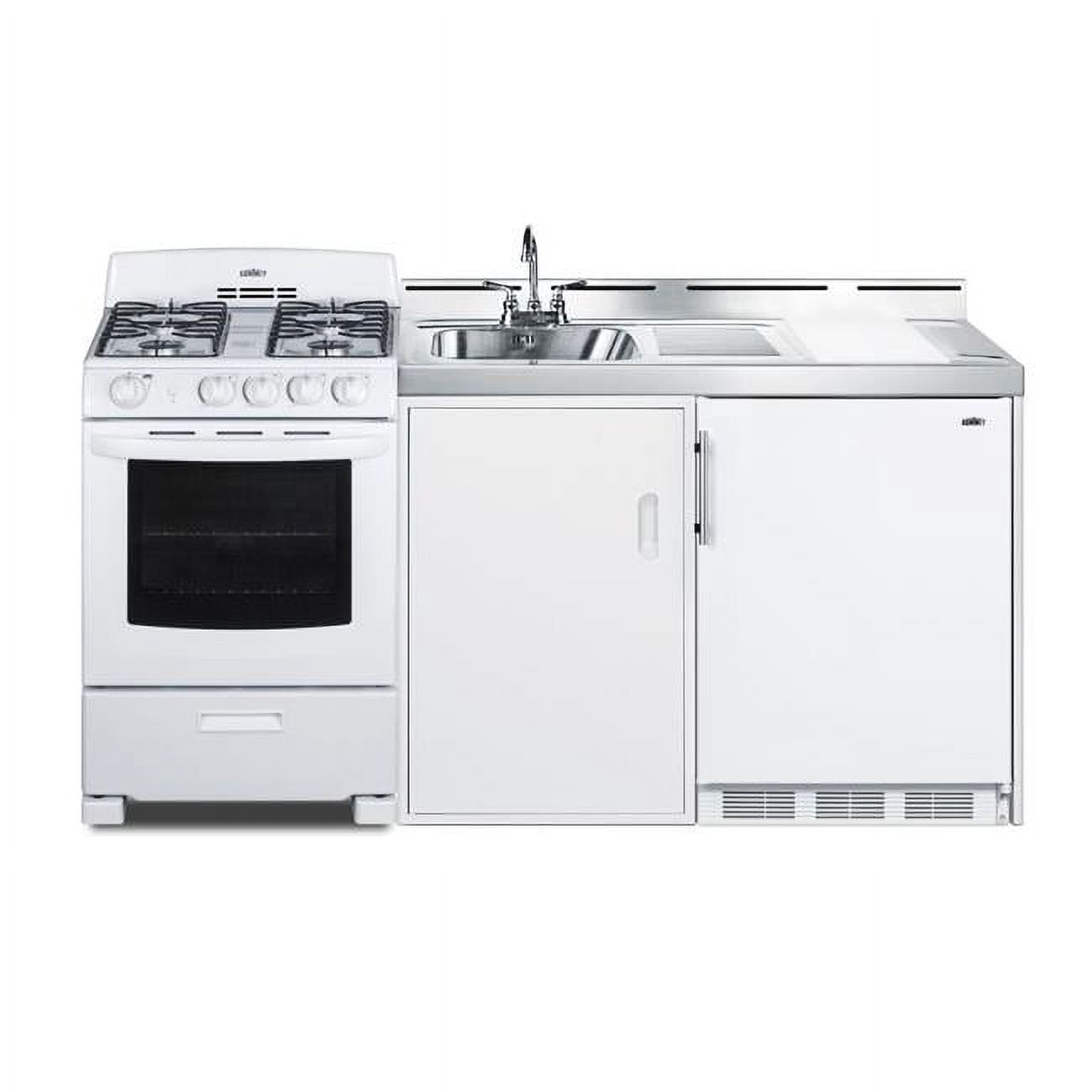 Summit Appliance  42 x 71.5 x 24 in. All-in-one Combination Kitchenette with Refrigerator Freezer with Sink, Storage Cabinet & Gas Range, White