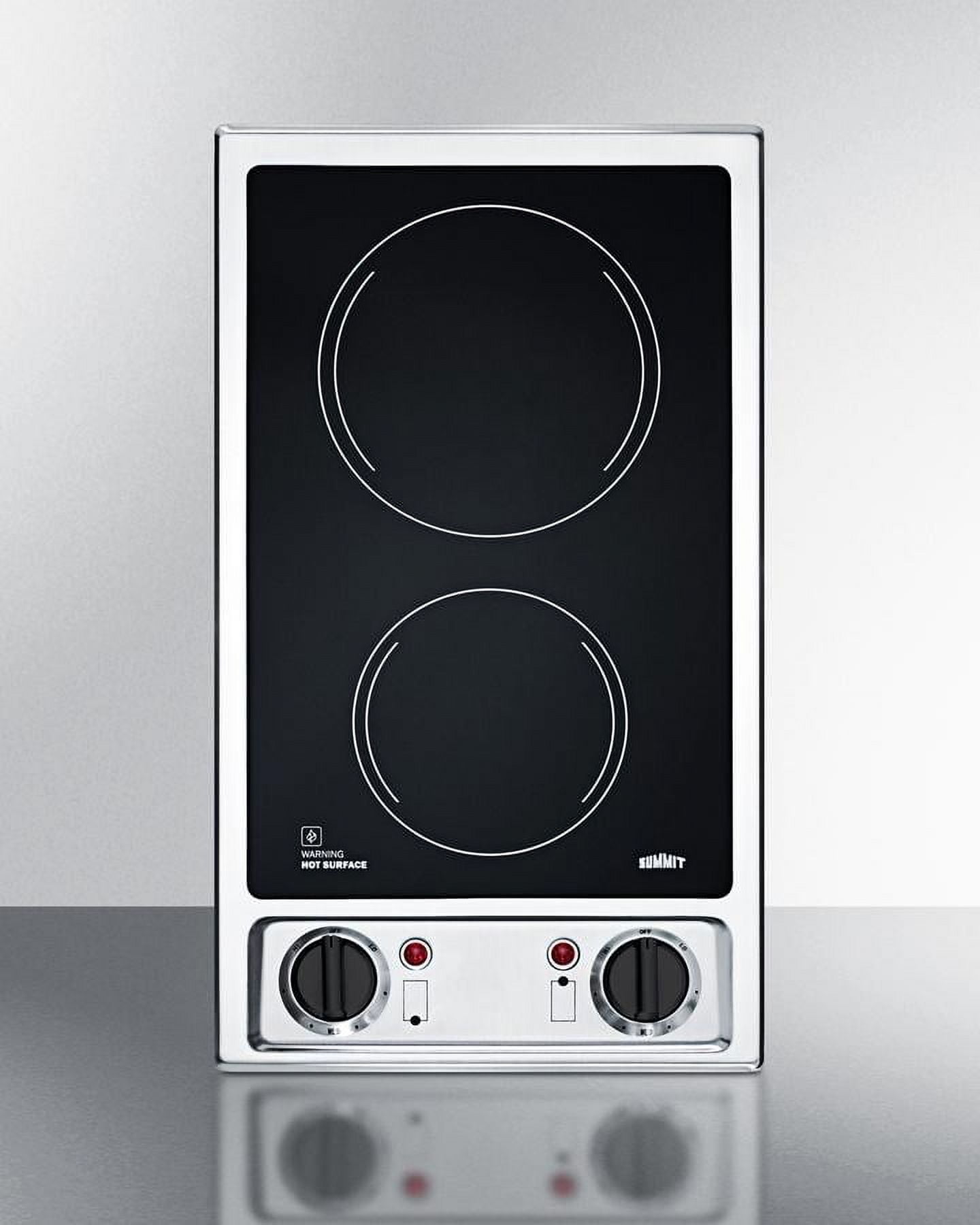 Compact Black Ceramic 2-Burner Electric Cooktop with Stainless Steel Trim