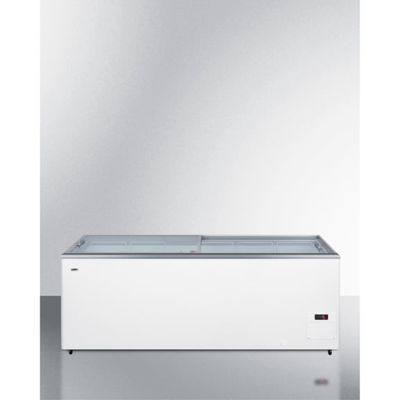 Flat top commercial ice cream freezer with sliding glass lid, digital thermostat, and novelty baskets