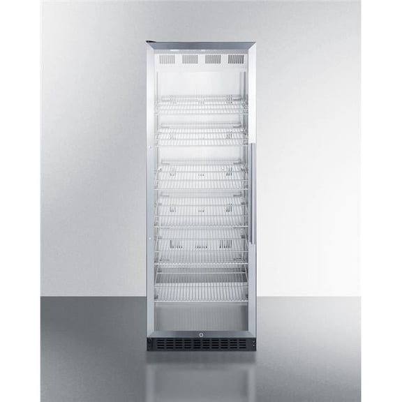 24" wide upright commercial beverage center with stainless steel interior and left door swing