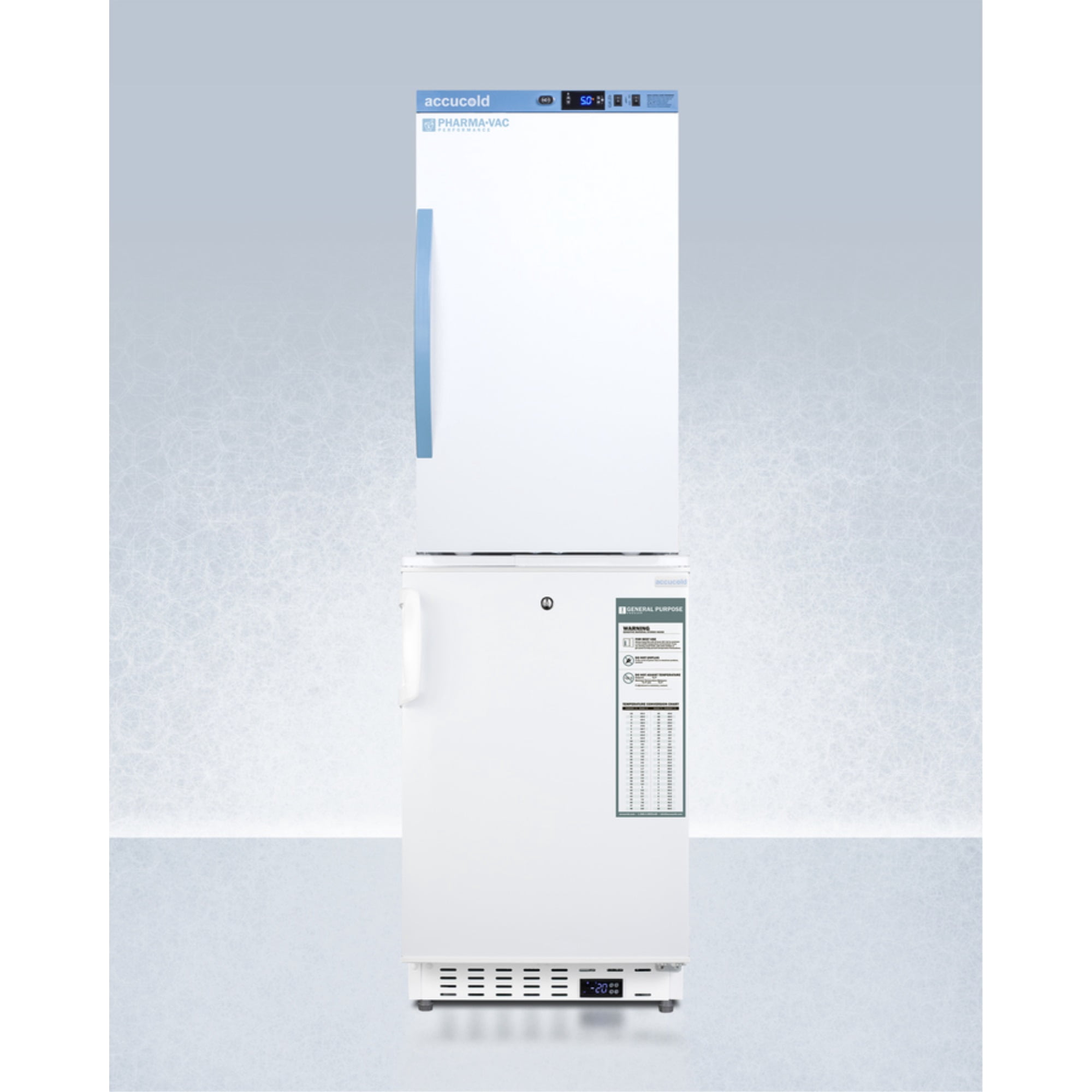 Stacked vaccine refrigerator-freezer combination