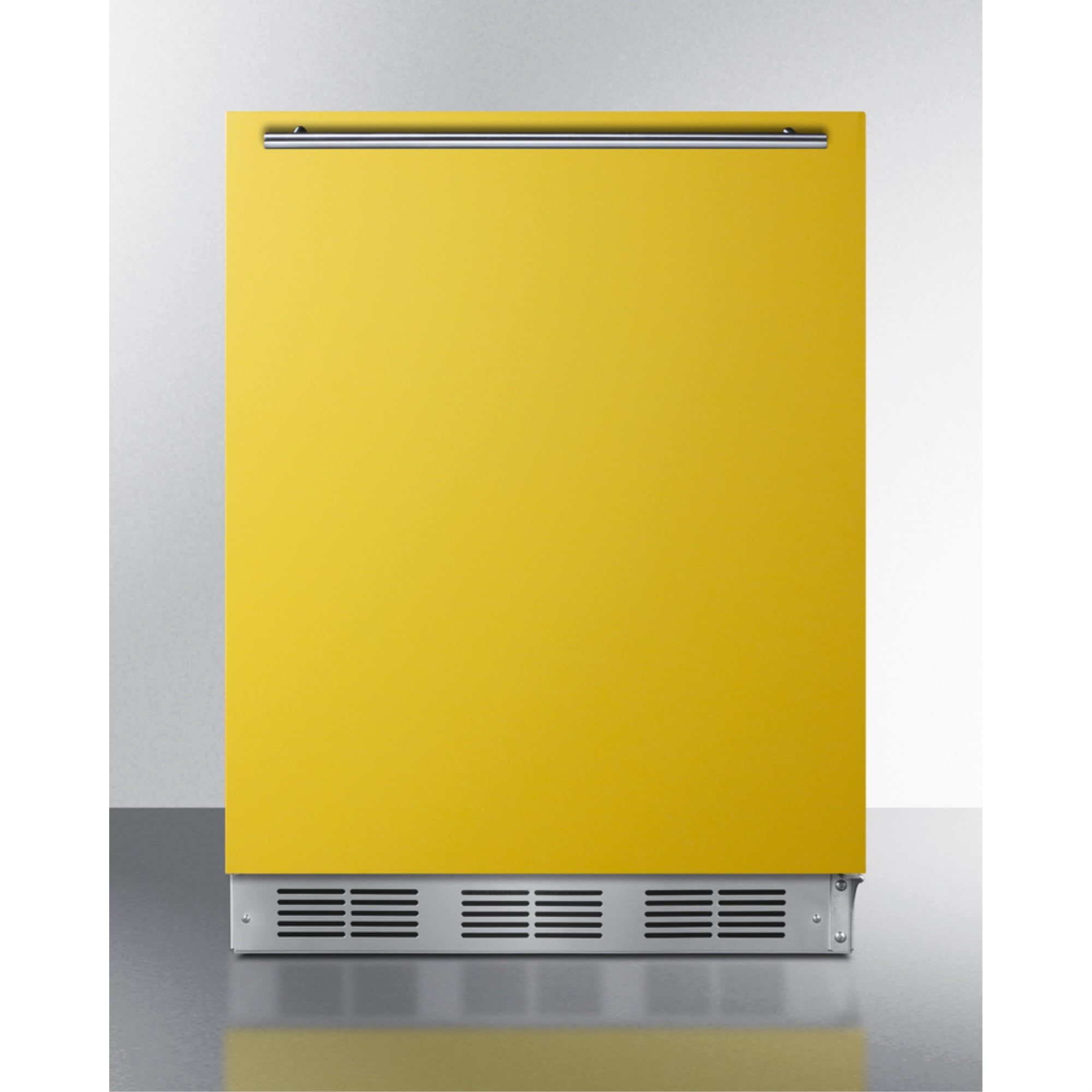 ADA height 24" refrigerator-freezer for residential use with saffron gold door, stainless steel handle, and white cabinet