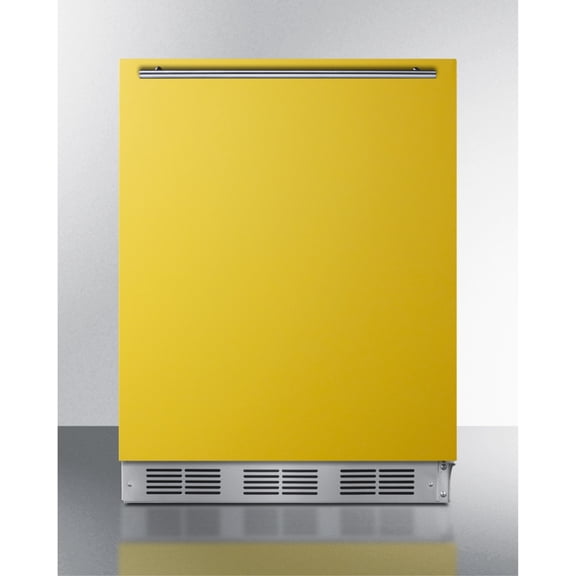 ADA height 24" refrigerator-freezer for residential use with saffron gold door, stainless steel handle, and white cabinet