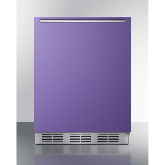 Undercounter 24" all-refrigerator for residential use with lavender purple door, stainless steel handle, and black cabinet