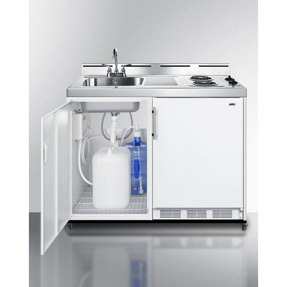 48" Wide Mobile All-In-One Kitchenette, No Plumbing Needed, white, Coil Burners