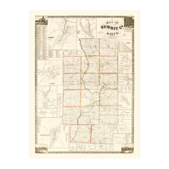 Summit County Ohio Art, 1856 Vintage Map of Summit County OH History Wall Decor Gift, Old Summit County OH Map - 18" x 24" Unframed Print