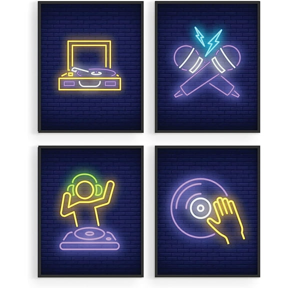 Summit Designs DJ Retro Music Wall Art Decor Prints, Neon Sign - Kids Bedroom Man Cave - Gift Idea, Unframed Set of 4 (8x10")