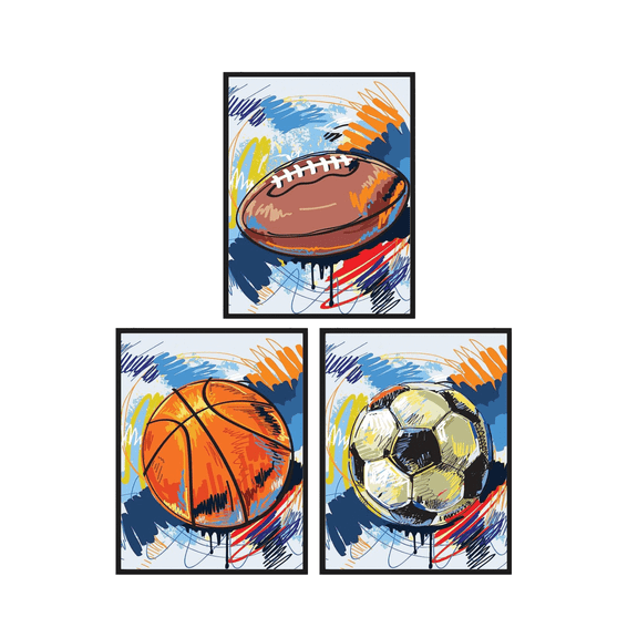Summit Designs Sports Balls Wall Art Décor Graffiti Prints, Basketball Soccer Football, Set of 3 Unframed (8x10")