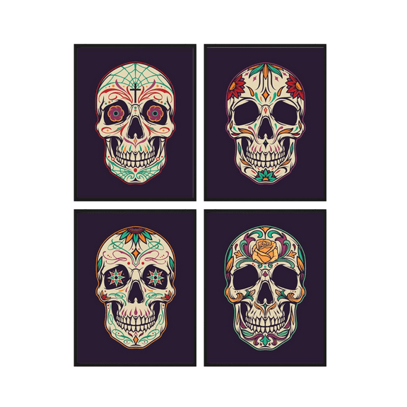 Summit Designs Sugar Skull Wall Art Decor Prints, Kids Bedroom Basement Gift Idea, Unframed Set of 4 (8x10)