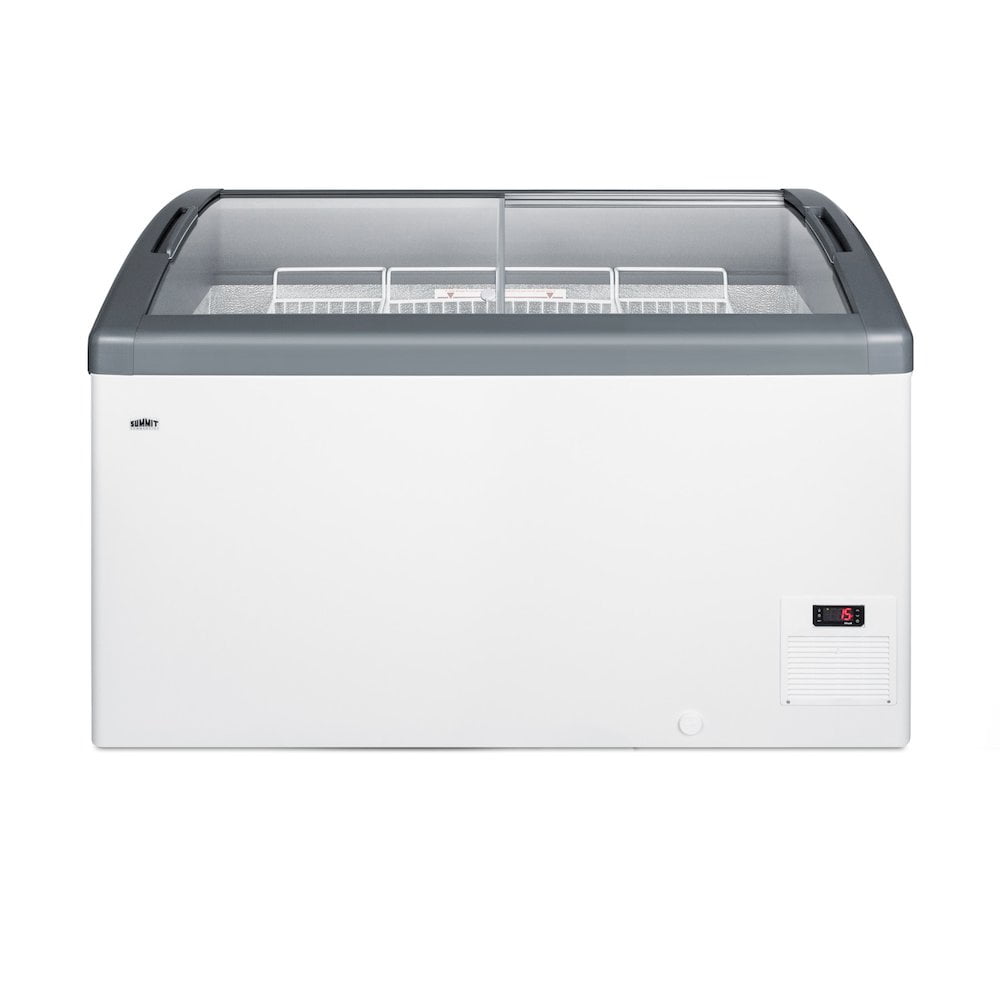 Curved top commercial ice cream freezer with sliding glass lid, digital thermostat, novelty baskets, and 12.4 cu.ft. interior