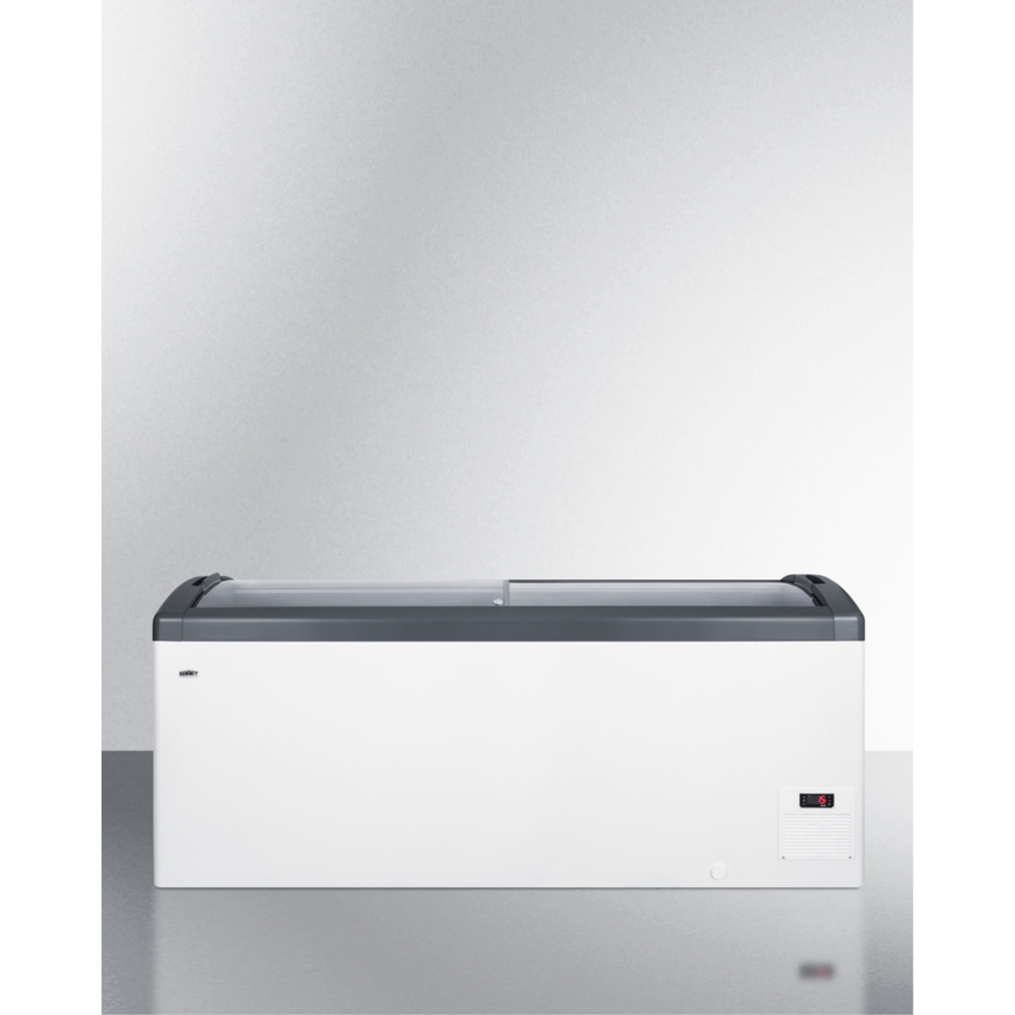 Curved top commercial ice cream freezer made in Denmark, with sliding glass lid, digital thermostat, novelty baskets, and 17.1 cu.ft. interior