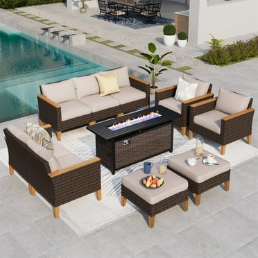 Summit Living 10 Pieces Outdoor Patio Furniture Set with 56-Inch Fire Pit Table Wicker Patio Conversation Set, Beige