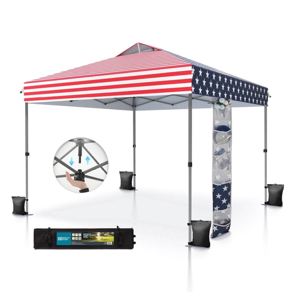SUMMIT LIVING 10 x 10 Ft Pop-up Canopy Tent Straight Legs Instant Canopy for Outside with Wheeled Bag – American Flag