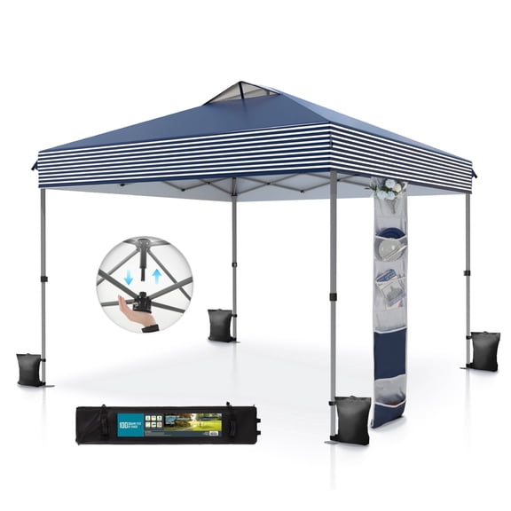 Summit Living 10 x 10 Ft Pop-up Canopy Tent Straight Legs Instant Canopy for Outside with Wheeled Bag – Blue and White Stripes