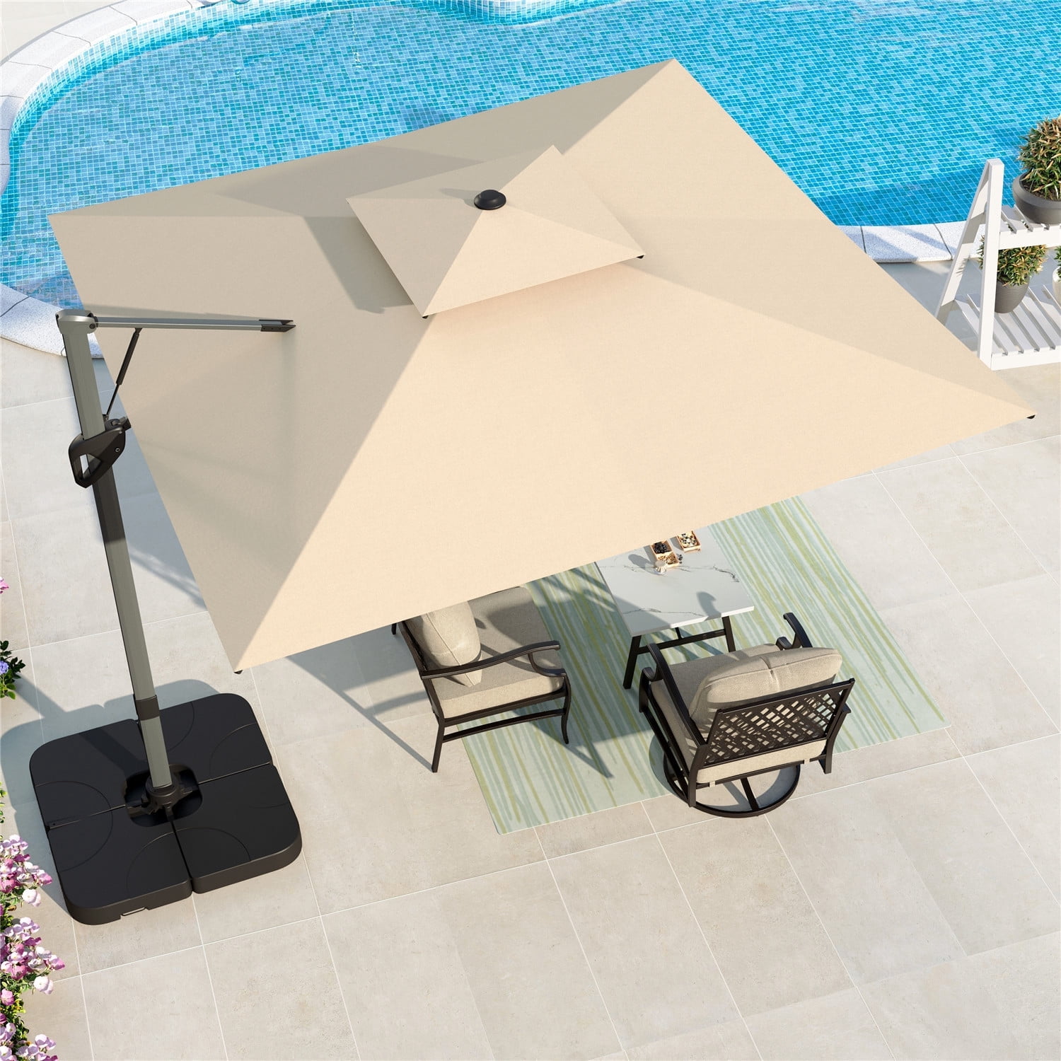 Summit Living 10’ x 10’ Offset Patio Umbrella Large Deck Cantilever Outdoor Umbrella with Base Beige