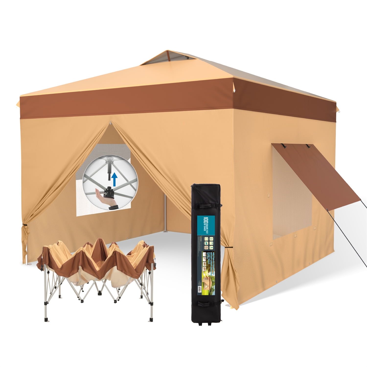 10' x 10' Beige and Brown Pop-Up Canopy Tent with Sidewalls