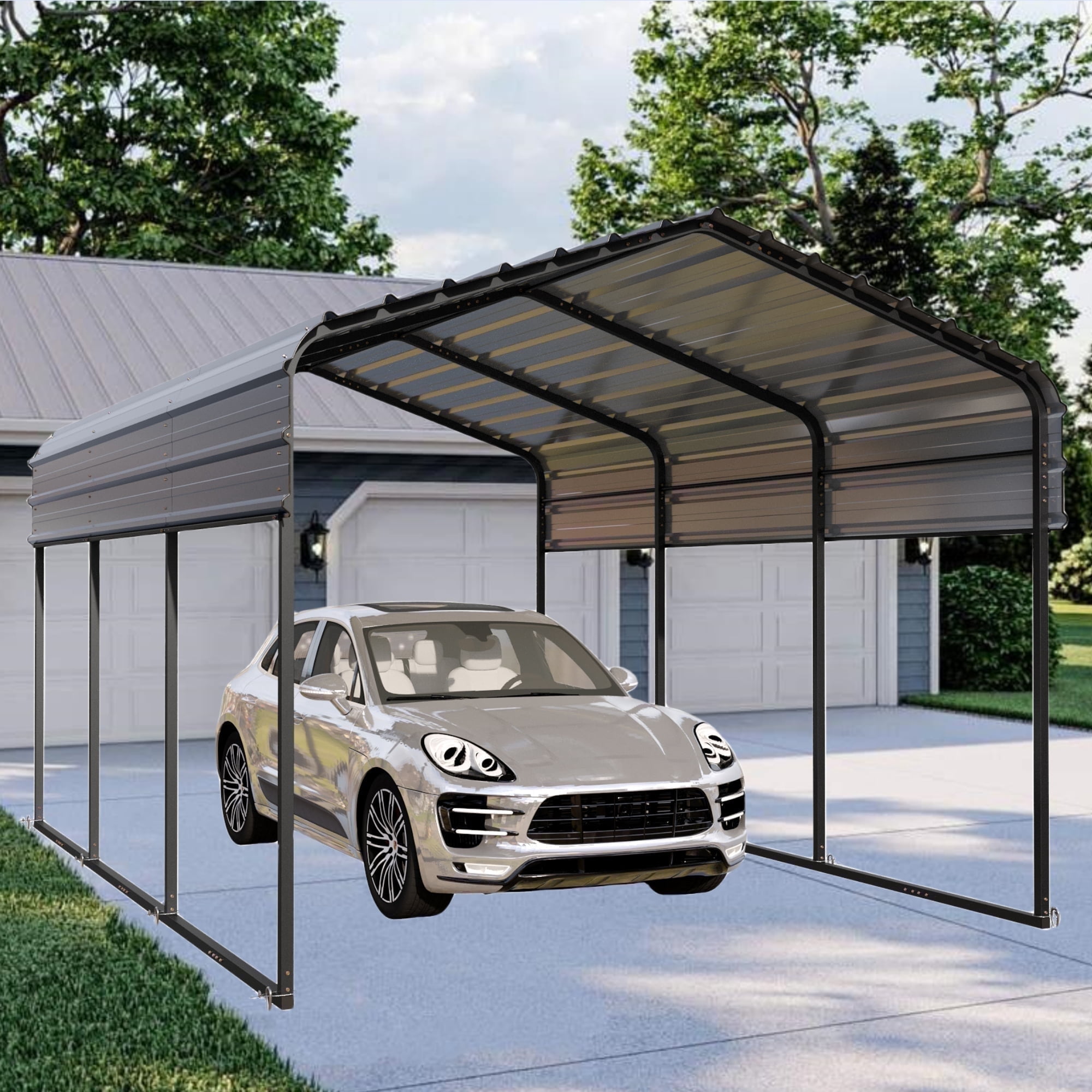 SUMMIT LIVING 10 x 15 ft Outdoor Metal Carport with Galvanized Steel Roof, Heavy-Duty Garage Car Storage Shelter, Gray