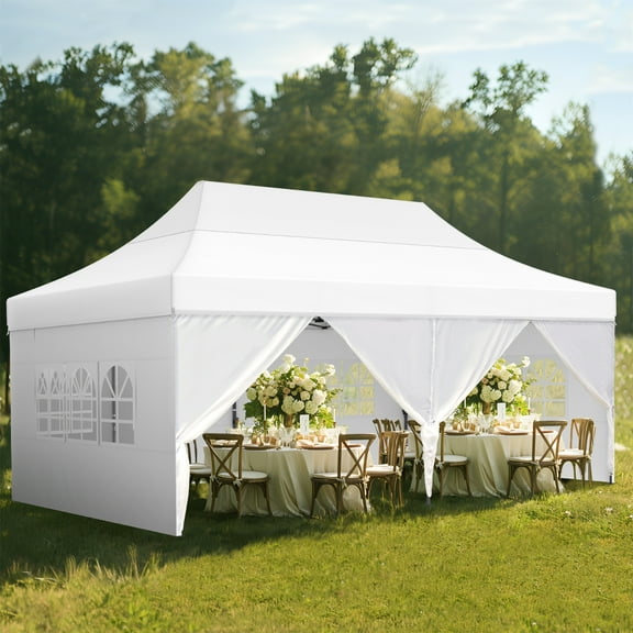 Summit Living 10 x 20 FT Pop-Up Canopy Tent Commercial Heavy Duty Instant Canopy for Outside with Sidewalls White