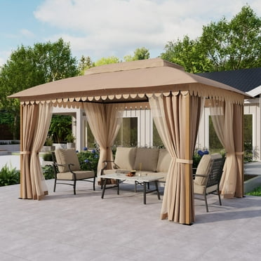 Summit Living 10'x13' Outdoor Patio Gazebo Heavy Duty Gazebos Canopy Shelter with Double Roofs Mosquito Netting and Privacy Screens for Outside - Beige