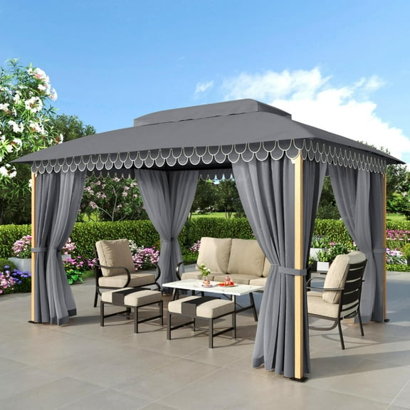 Summit Living 10'x13' Outdoor Patio Gazebo Heavy Duty Gazebos Canopy Shelter with Double Roofs Mosquito Netting and Privacy Screens for Outside - Gray