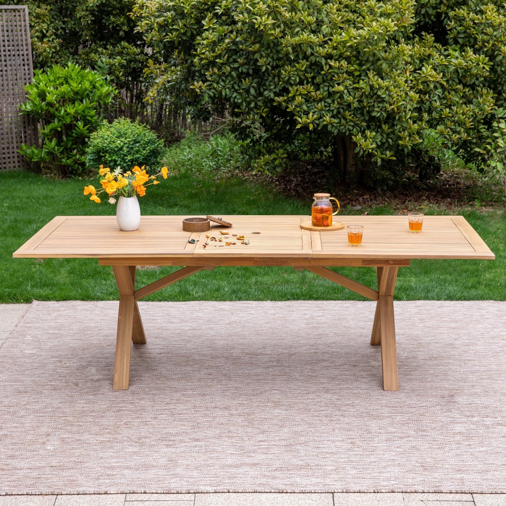 acacia wood outdoor dining table patio with umbrella hole SUMMIT LIVING 100% Acacia Wood Expandable Outdoor Dining Table, Patio Oil  Finished Natural Wood Table with Umbrella Hole, Suitable for 6-8 Person