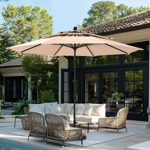 Summit Living 10ft Patio Umbrella 3-Tier Vented Outdoor Market Table Umbrella with Auto-Tilt – Beige