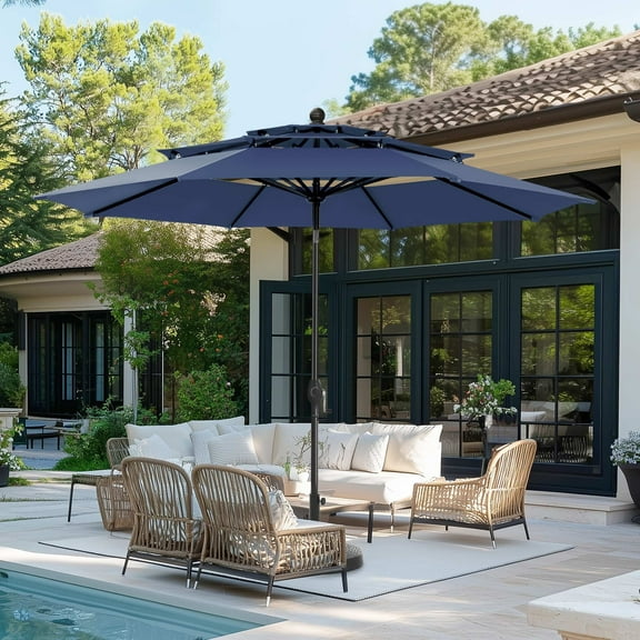 Summit Living 10ft Patio Umbrella 3-Tier Vented Outdoor Market Table Umbrella with Auto-Tilt – Navy Blue