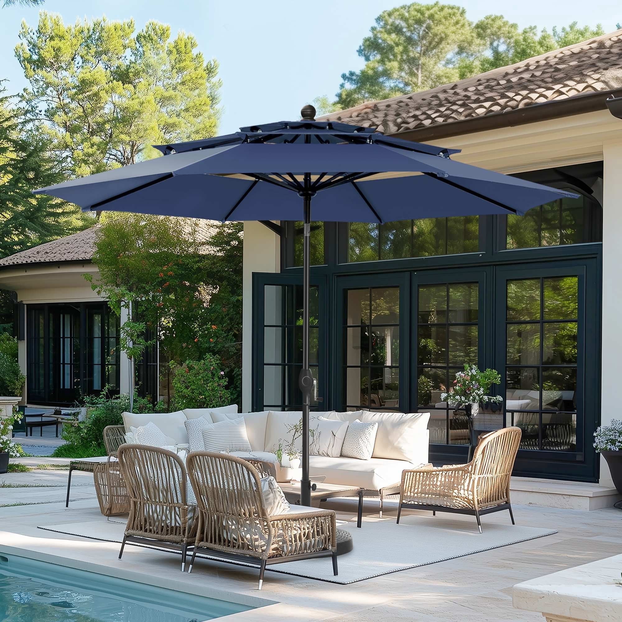 SUMMIT LIVING 10ft Patio Umbrella 3-Tier Vented Outdoor Market Table Umbrella with Auto-Tilt – Navy Blue