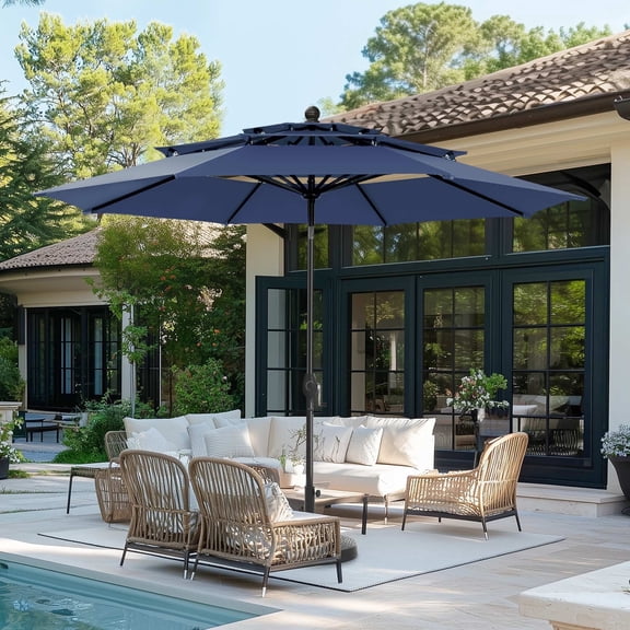 SUMMIT LIVING 10ft Patio Umbrella 3-Tier Vented Outdoor Market Table Umbrella with Auto-Tilt – Navy Blue