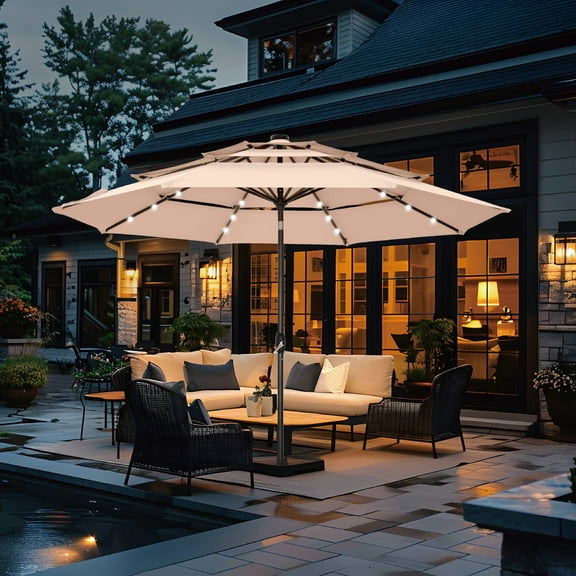 Summit Living 10ft Patio Umbrella with Solar Lights 3-Tier Vented Outdoor Market Umbrella with Auto-Tilt – Beige