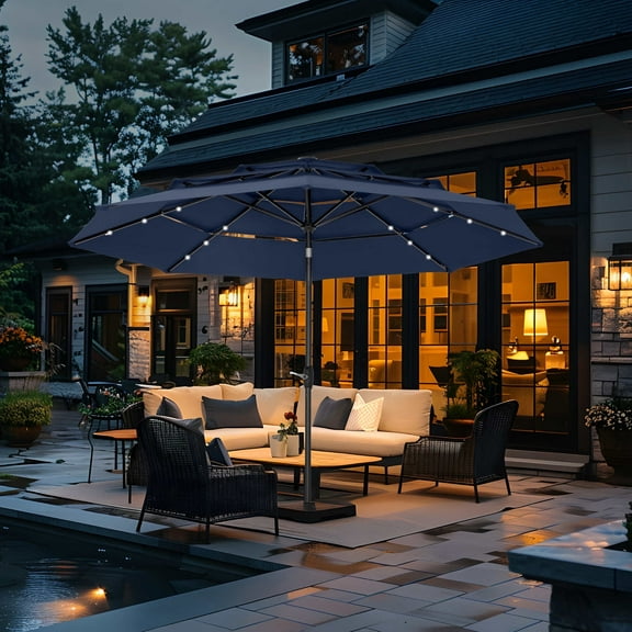 Summit Living 10ft Patio Umbrella with Solar Lights 3-Tier Vented Outdoor Market Umbrella with Auto-Tilt – Navy Blue